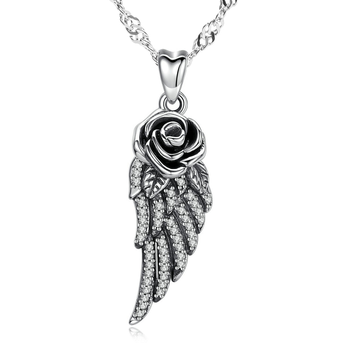 Rose Angel Wing Crystal pendant with 925 Sterling Silver Water Wave necklace chain 18"