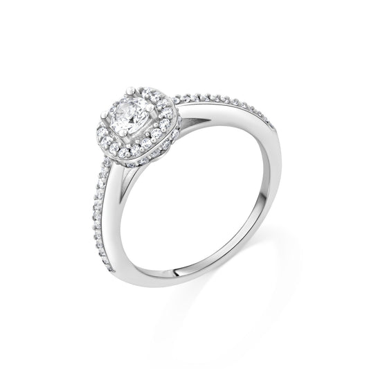 Halo Round Cut Cubic Zirconia 925 Sterling Silver ring on white background.