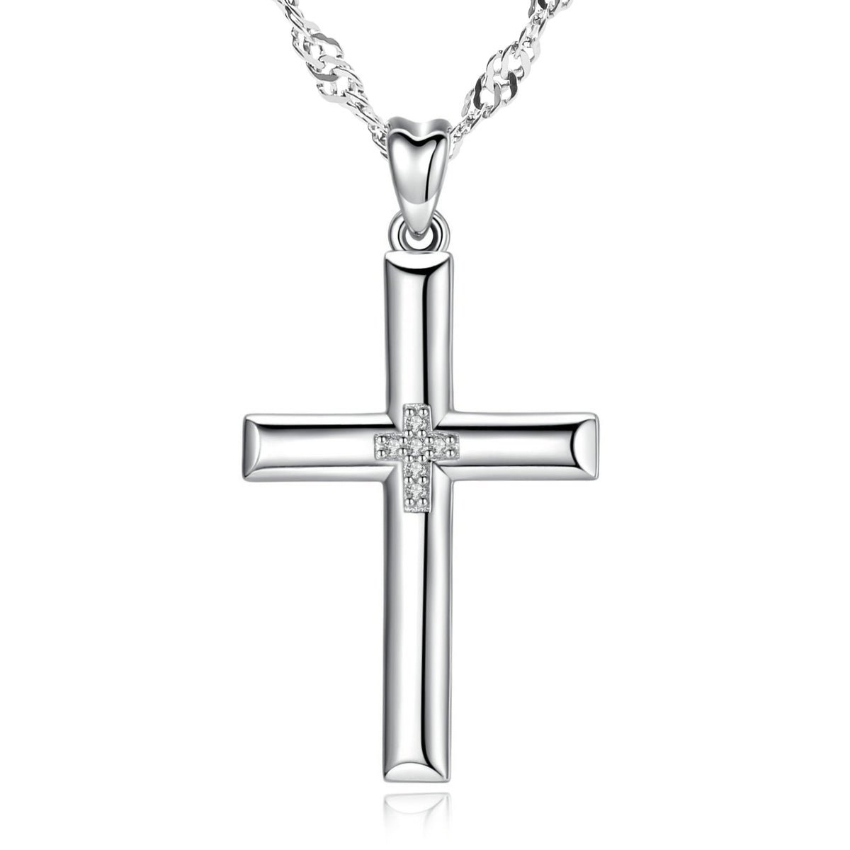 Christian Crystal Cross pendant with 925 Sterling Silver Water Wave necklace chain 18"