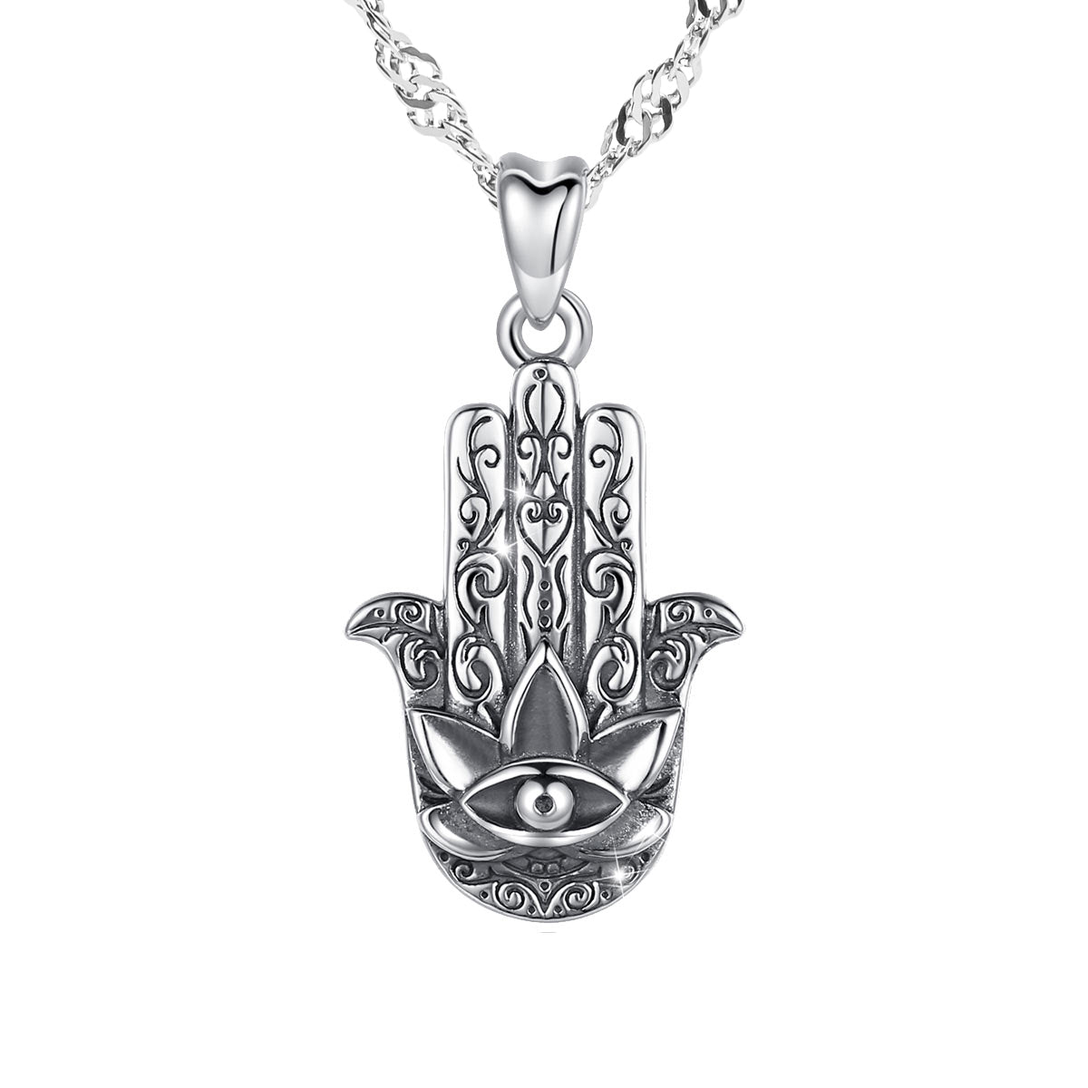 Hamsa Hand Pendant with 925 Sterling Silver Water Wave necklace chain 18"