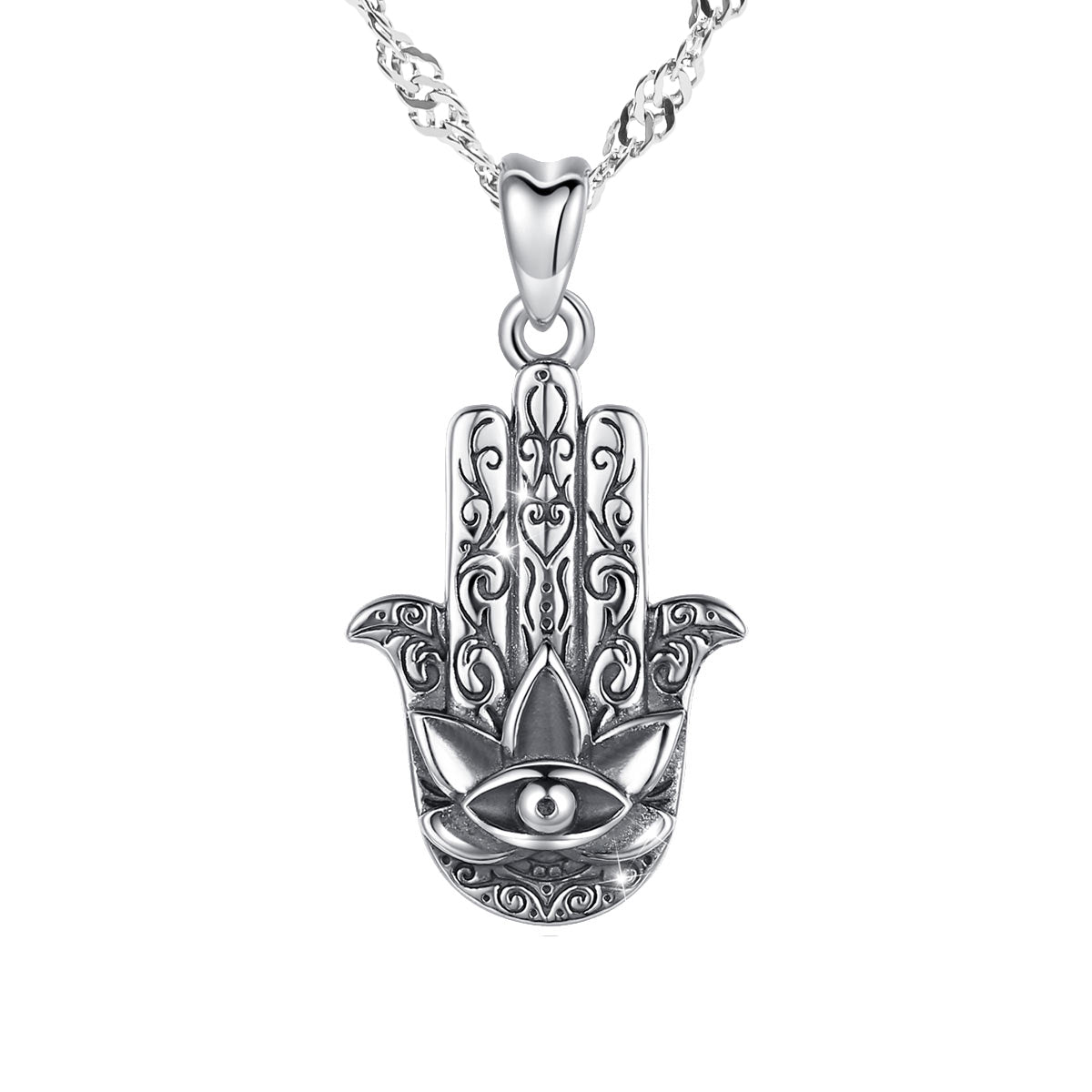 Hamsa Hand Pendant with 925 Sterling Silver Water Wave necklace chain 18"