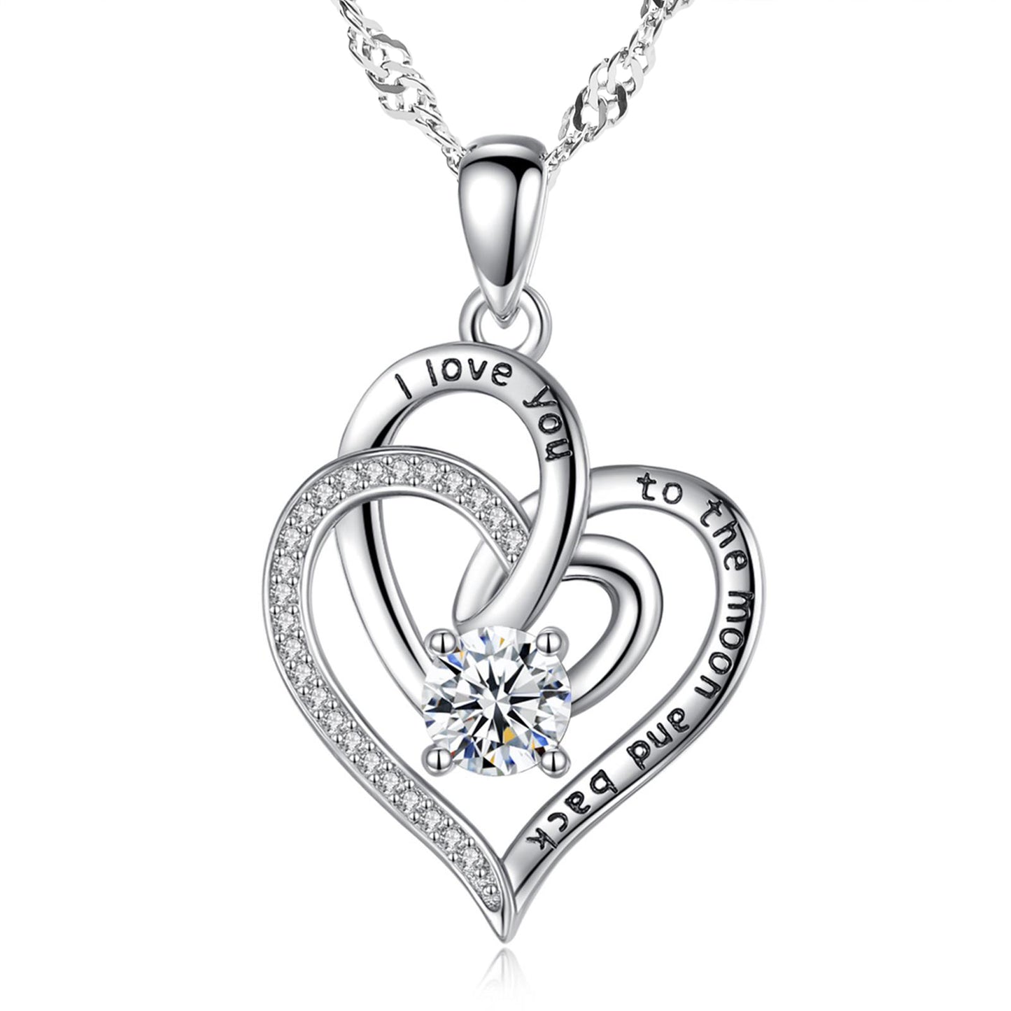 Double Love Heart Engraved Pendant with water wave necklace chain 18"