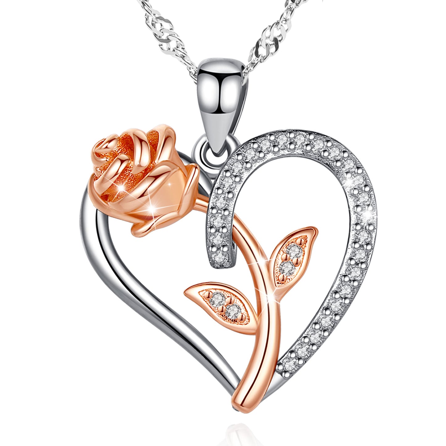 Rose in the Heart Crystal pendant 925 Sterling Silver Water Wave necklace chain 18"