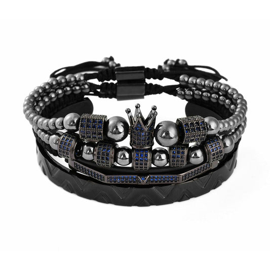 Imperial King Hematite Bracelet 4 pcs Set in Black with blue Cubic Zirconia by Crysttal