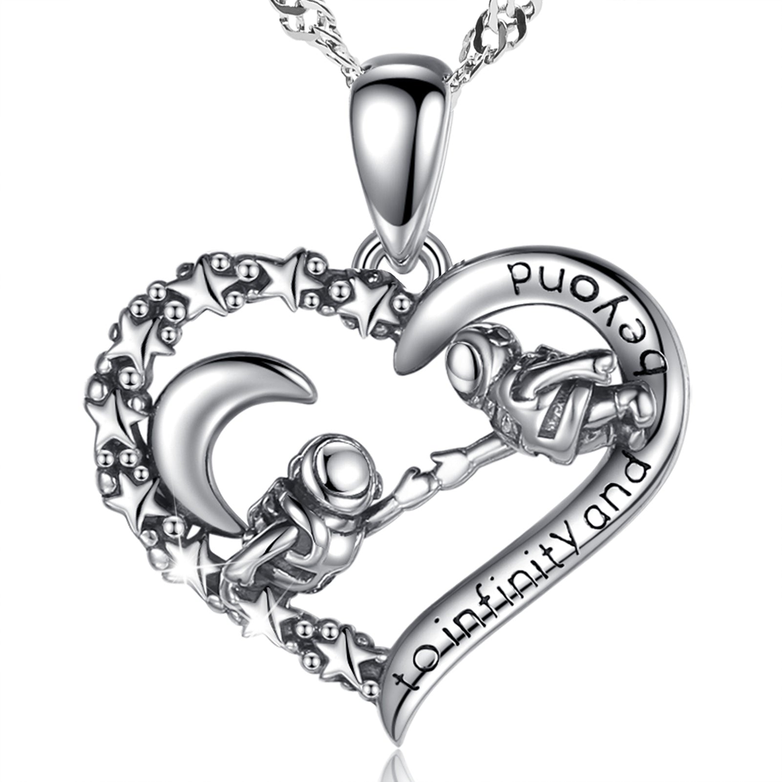 Moon Love Heart pendant with 925 Sterling Silver Water Wave necklace chain 18"