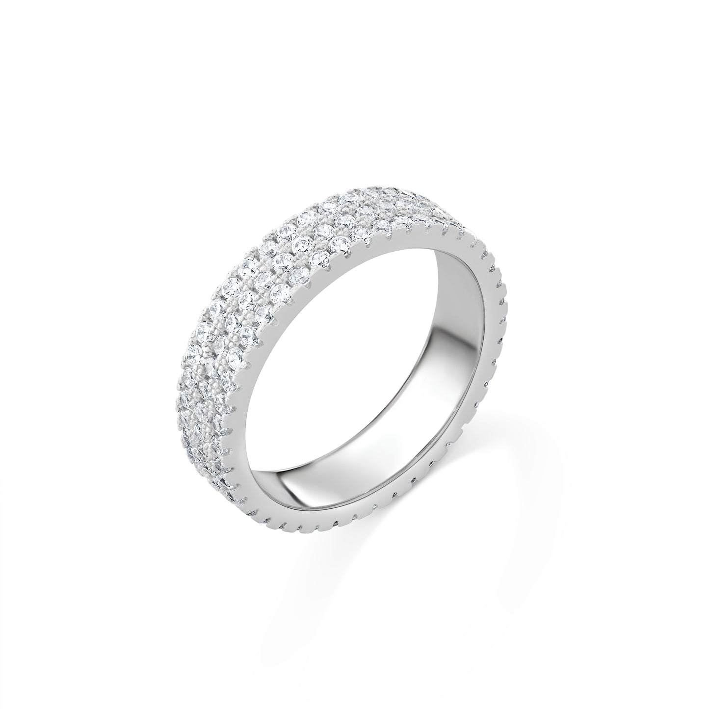 Pave 3 row Cubic Zirconia 925 Sterling Silver Band Ring on a white background