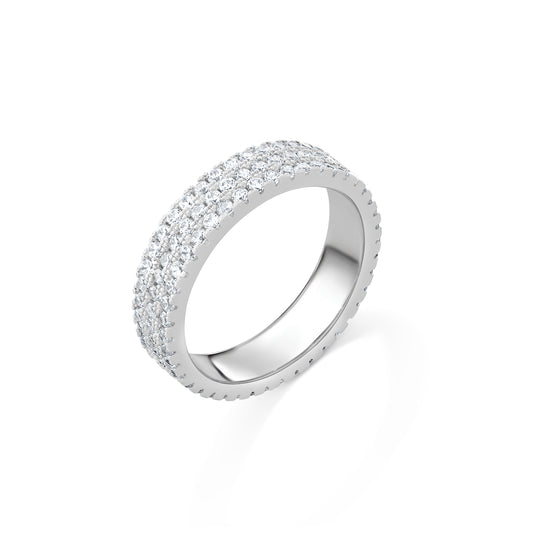 Pave 3 row Cubic Zirconia 925 Sterling Silver Band Ring on a white background