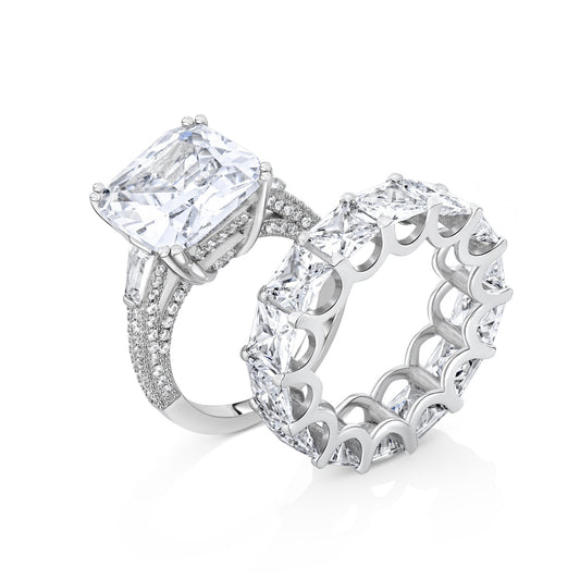 Asscher Cut Cubic Zirconia 925 Sterling Silver Stackable Ring Band on a white background.