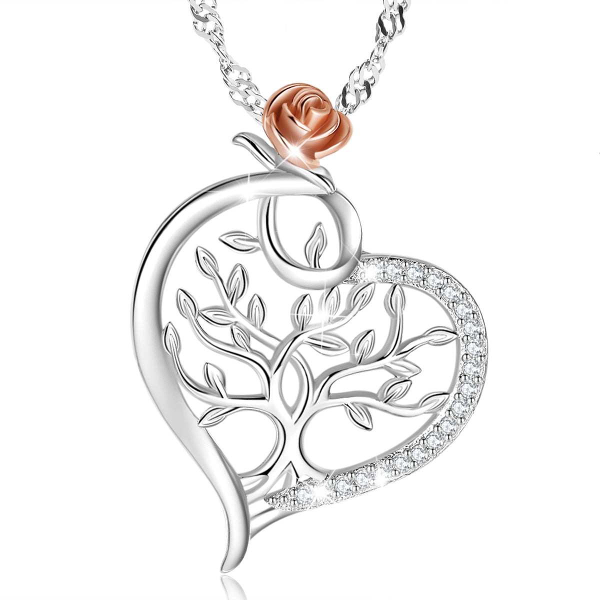 Tree of Life Crystal Heart pendant with 925 Sterling Silver Water Wave necklace chain 18"