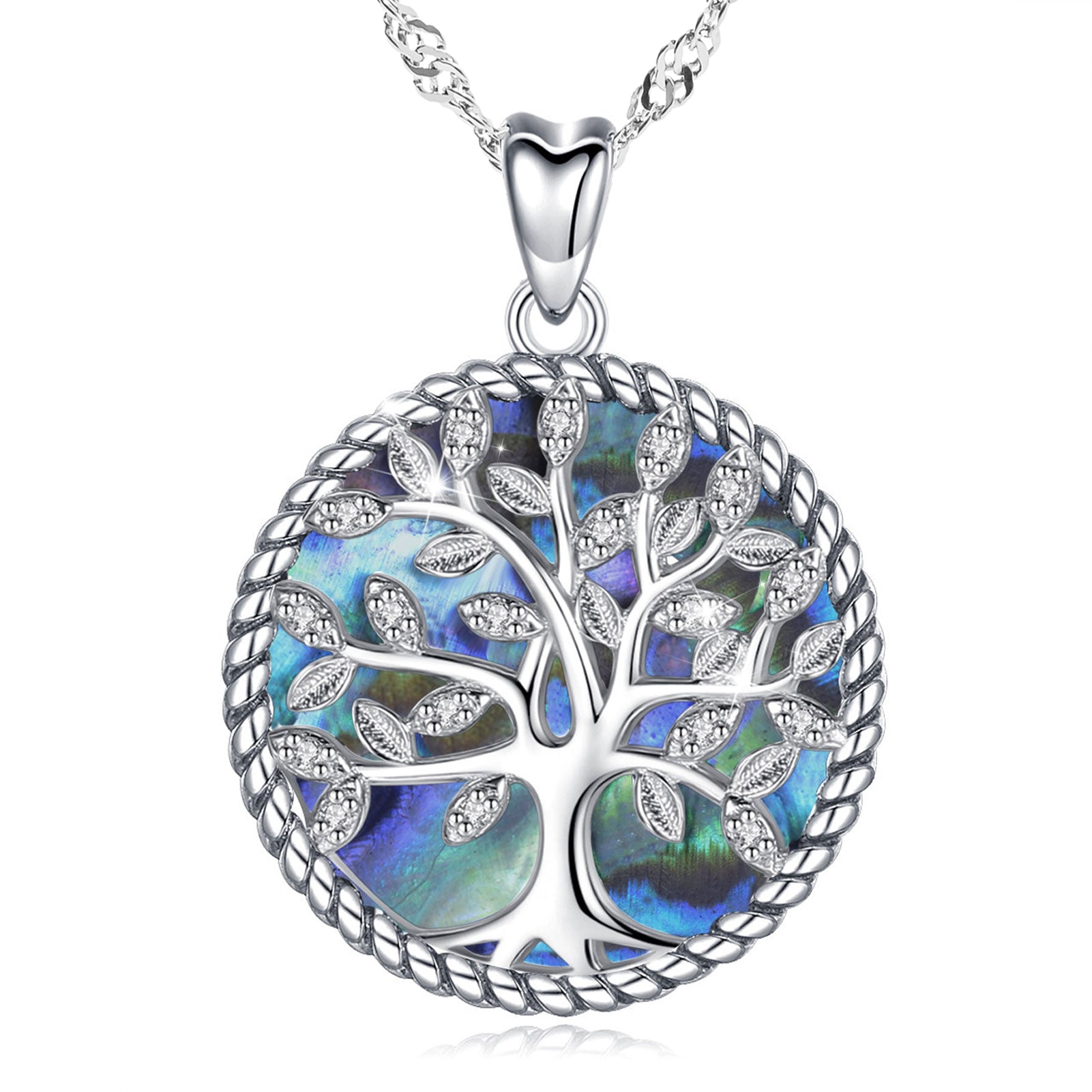 Crystal Tree of Life Abalone Shell pendant with 925 Sterling Silver Water Wave necklace chain 18"