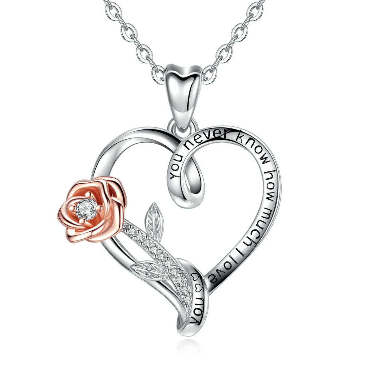 Heart Rose Engraved CZ Pendant