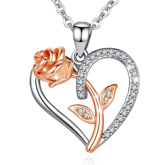 Rose Heart Crystal Pendant with Flat Cable Necklace 18"