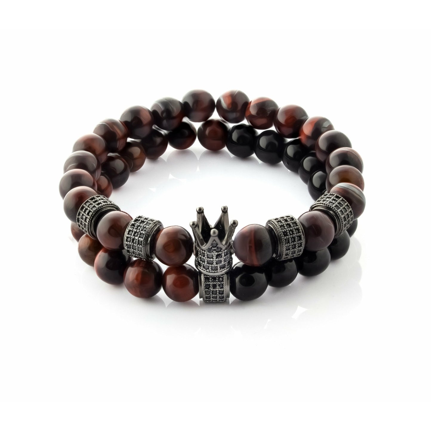 Tiger's Eye Black Agate Crown Bracelet 2pcs Set