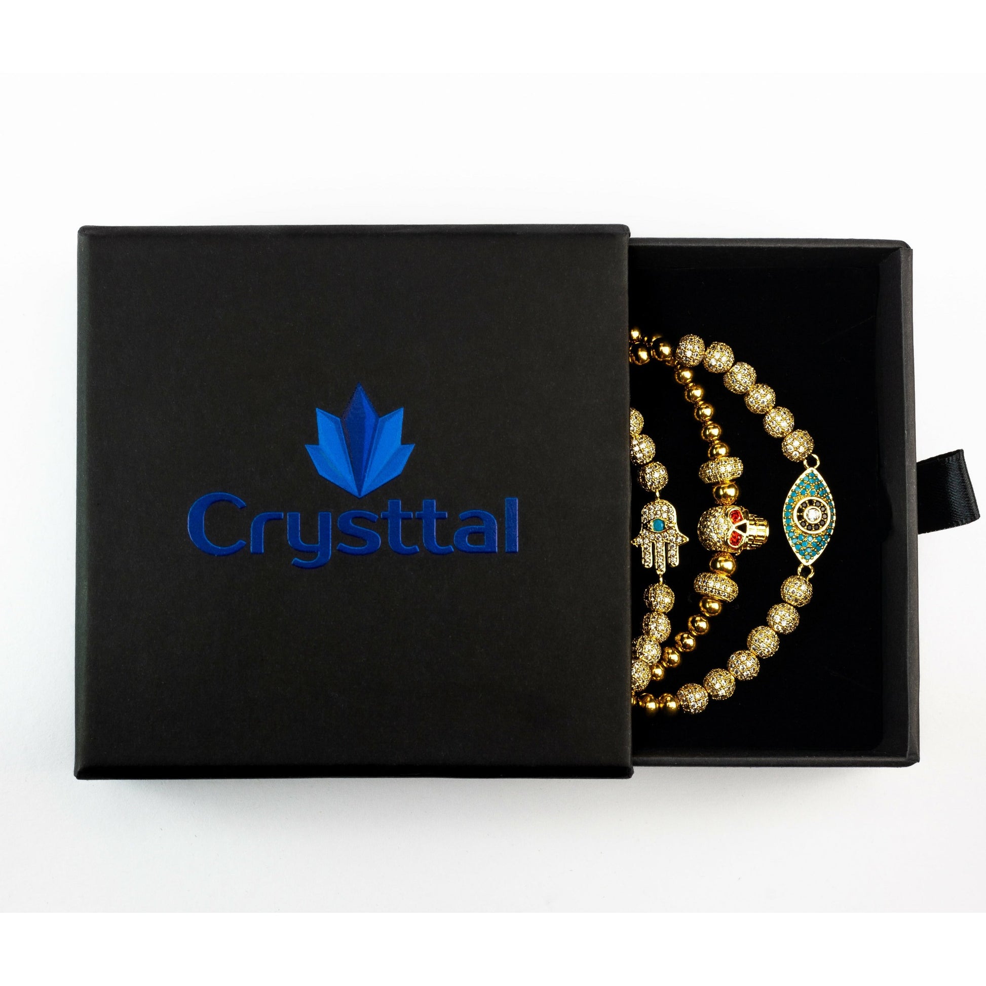 Evil Eye Skull Hamsa Bracelet 3pcs Gold plated Set in Crysttal branded gift box