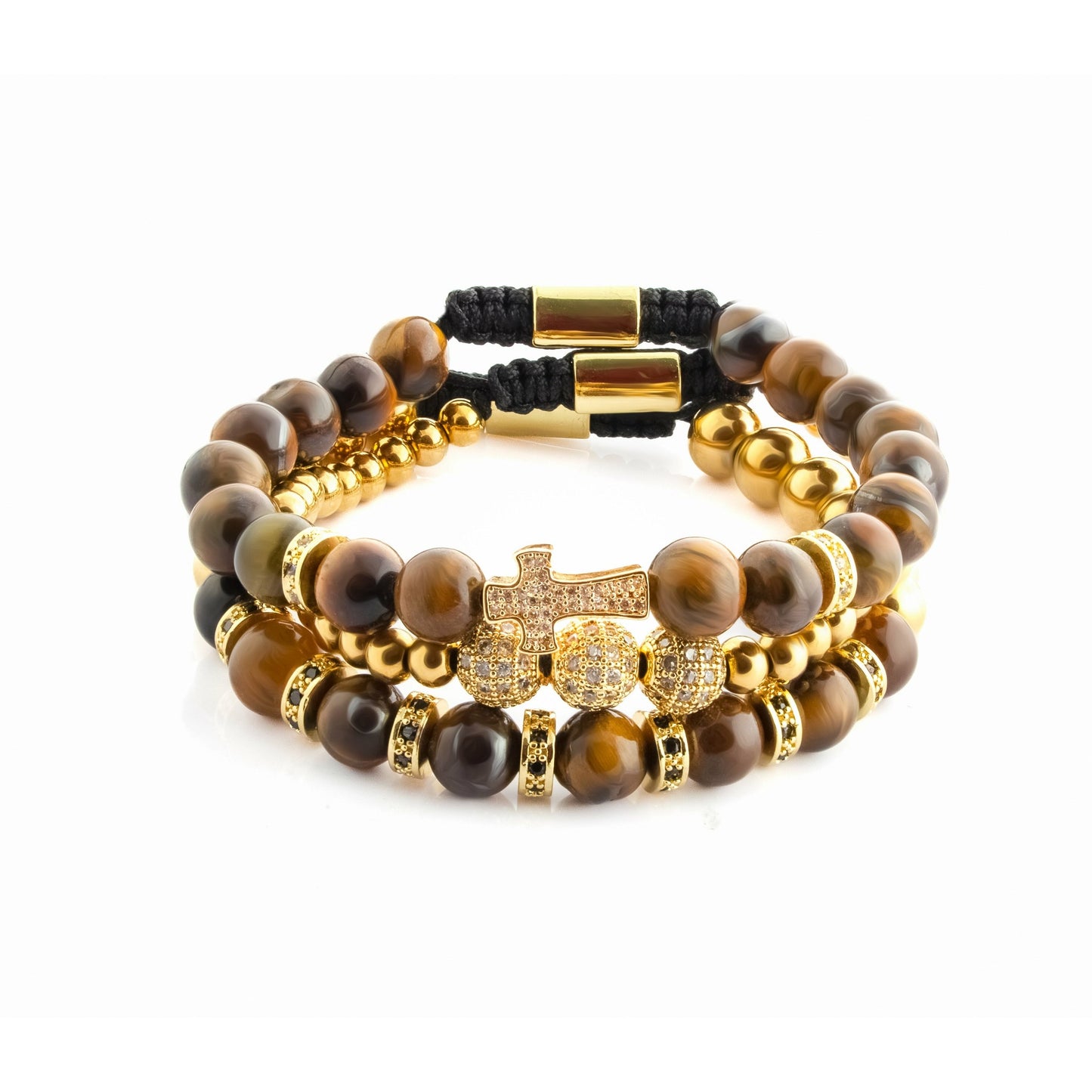 Cross Sphere Tiger Eye CZ Bracelet Gold Set