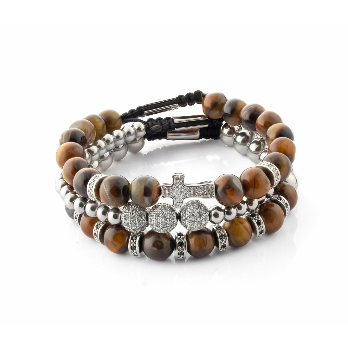 Crysttal Cross Sphere Tiger Eye CZ Bracelet Silver Set