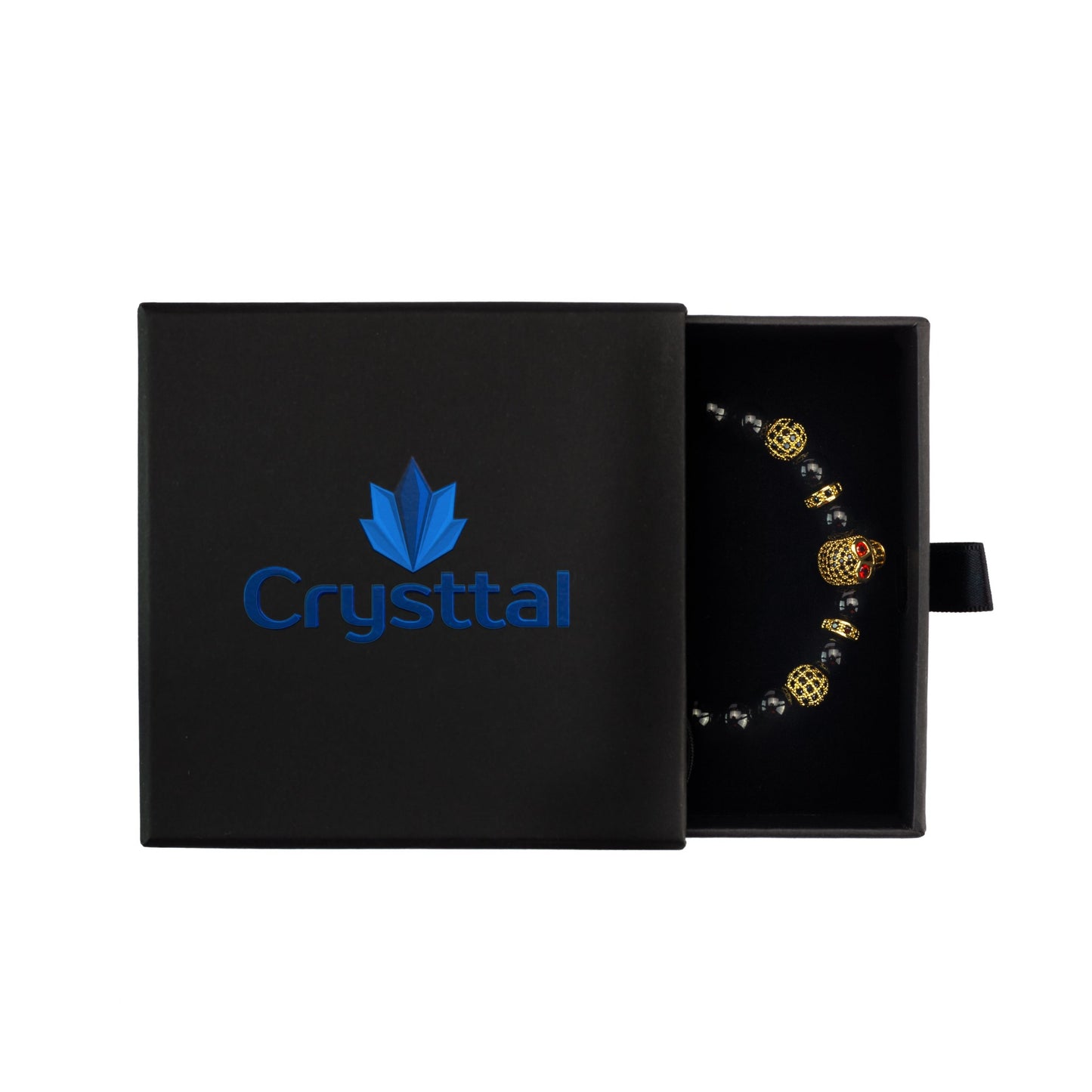 Black Agate Skull Bracelet in a branded box