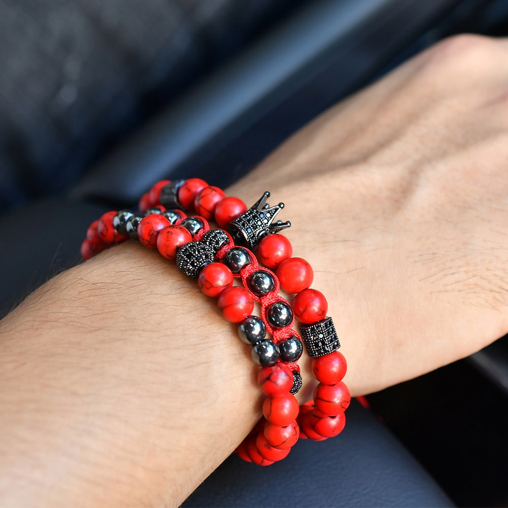 Imperial Red Turquoise Hematite Bracelet Set on wrist