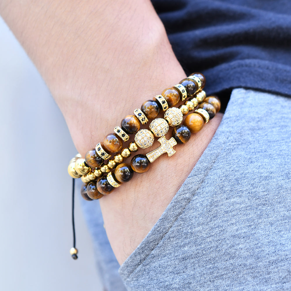 Cross Sphere Tiger Eye CZ Bracelet Gold Set on man's wrist view