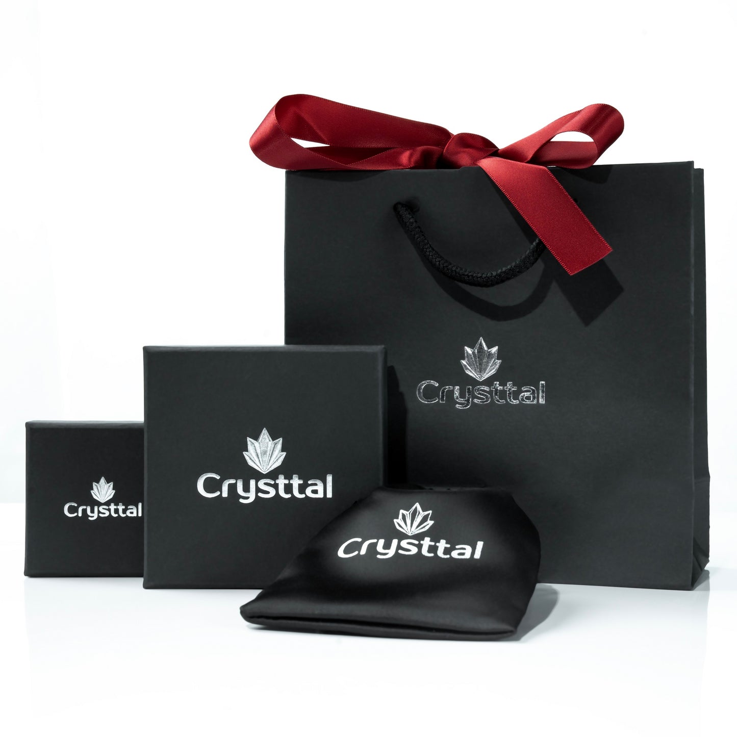 Our Crysttal branded gift packaging including Ring box, Necklace box, storage pouch and Gift bag with bow ribbon