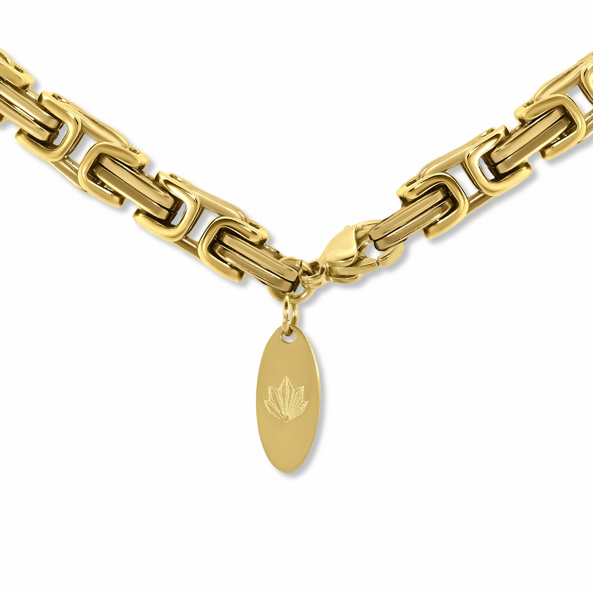 Byzantine Box Link Chain Gold 5mm clasp and brand logo tag on white background