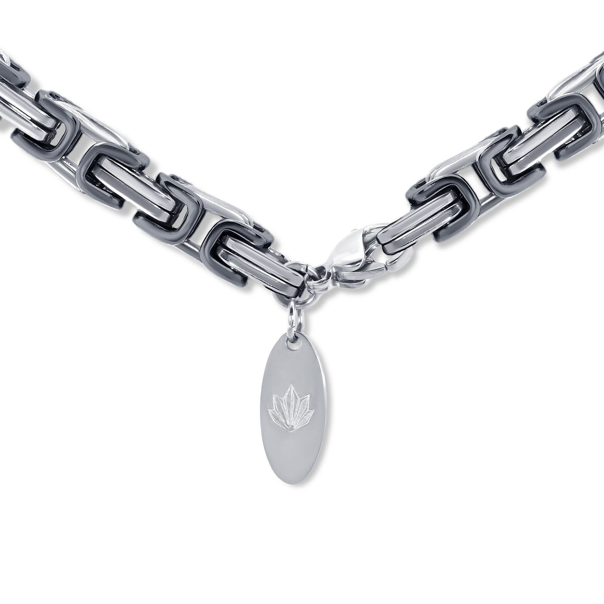 Byzantine Box Link Chain Silver Black 5mm - clasp and brand logo tag on white background