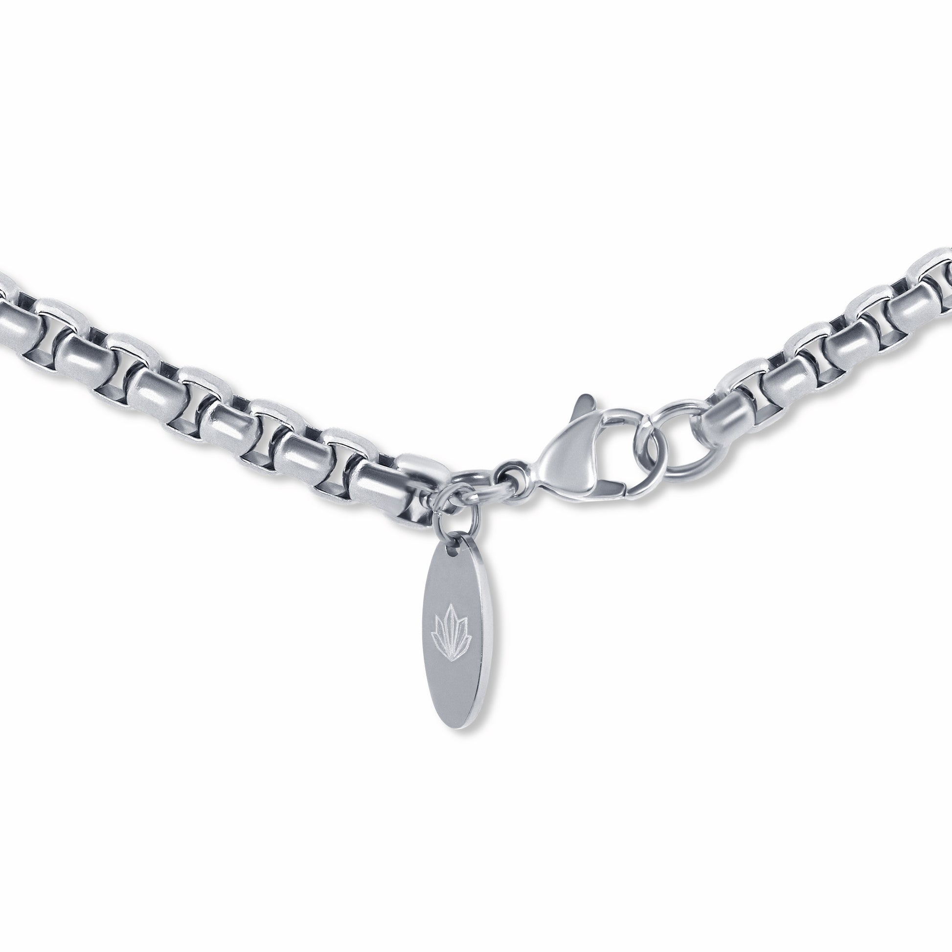 Round Box Link Chain Silver 5mm clasp with engraved logo tag on a white background