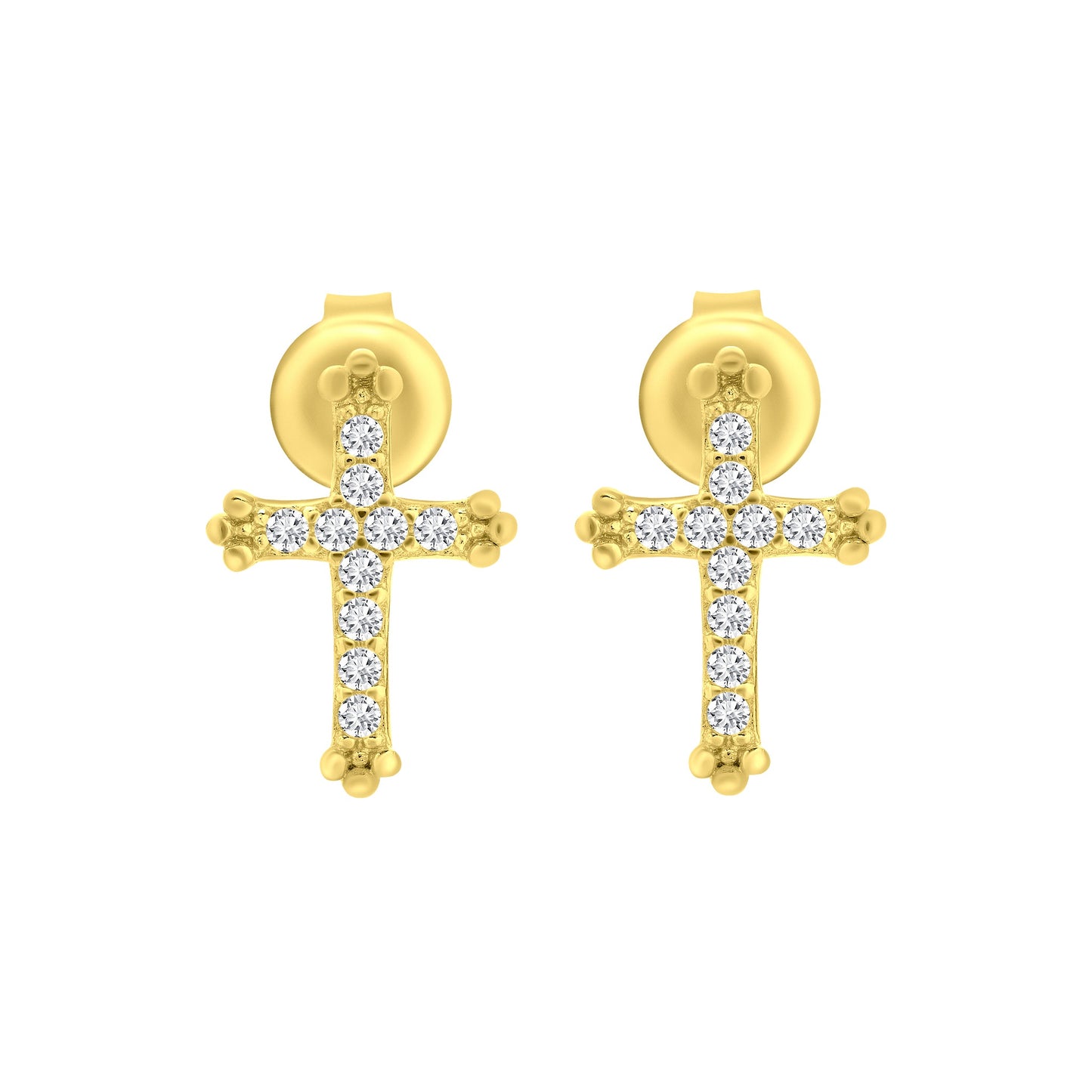 Cross CZ Gold Stud Earrings