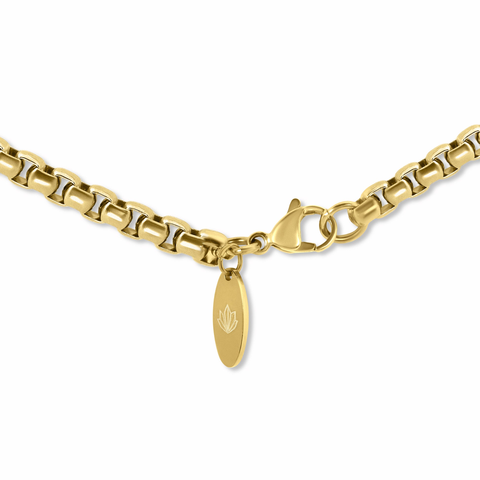 Round Box Link Chain Gold 5mm clasp with engraved logo tag on a white background
