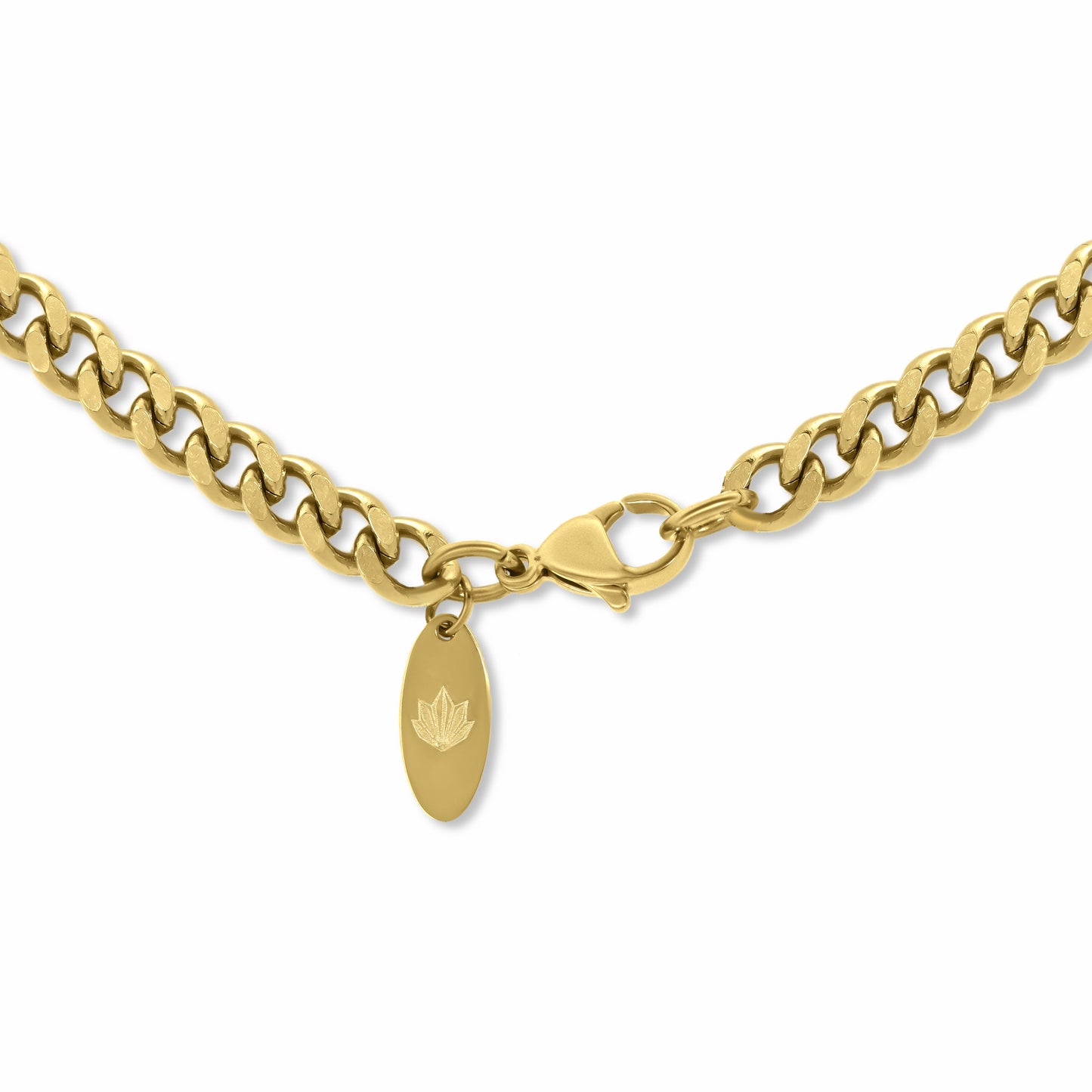 Cuban Chain Gold 5mm - clasp with engraved logo tag on white background