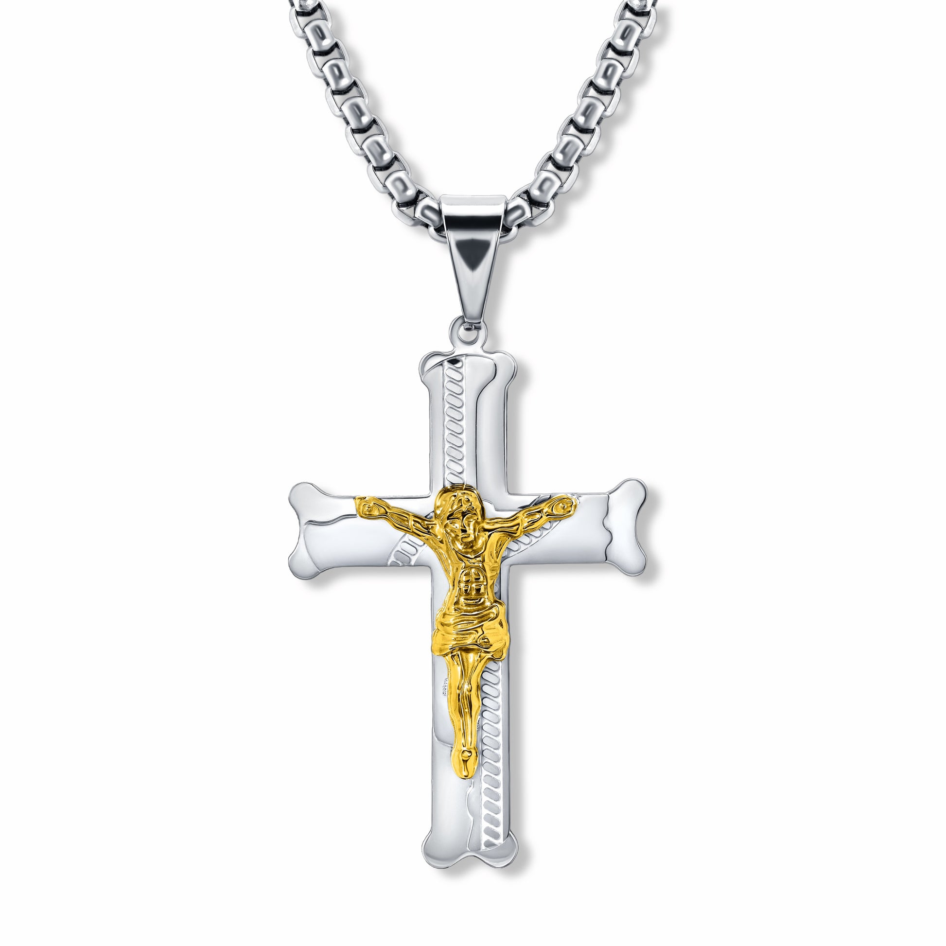Bliss Crucifix Cross Pendant with 3mm Round Box link Silver chain on white background