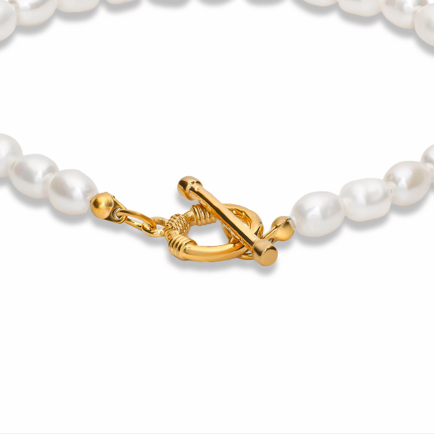 Toggle Clasp Pearl Bracelet on white background. Close up image of the toggle clasp