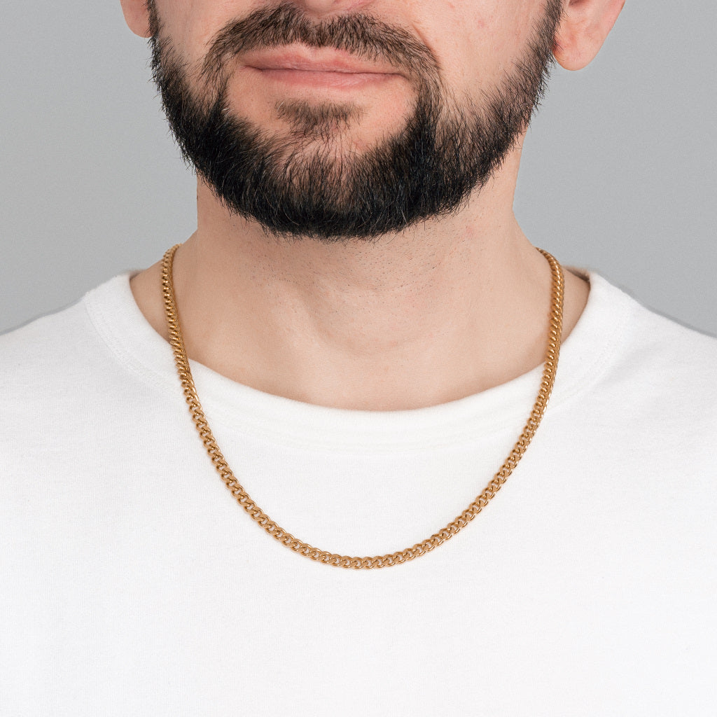 A bearded brutal man in white t-shirt wearing Gold Miami Cuban Chain 5 mm, 22 inches