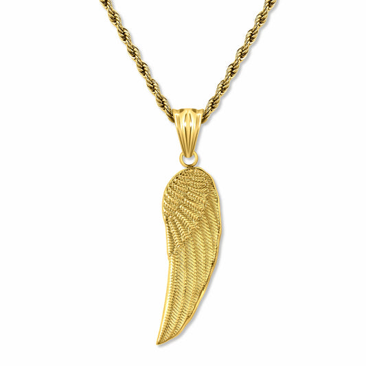 Angel Wing Gold Pendant with 3mm Rope Gold chain on white background