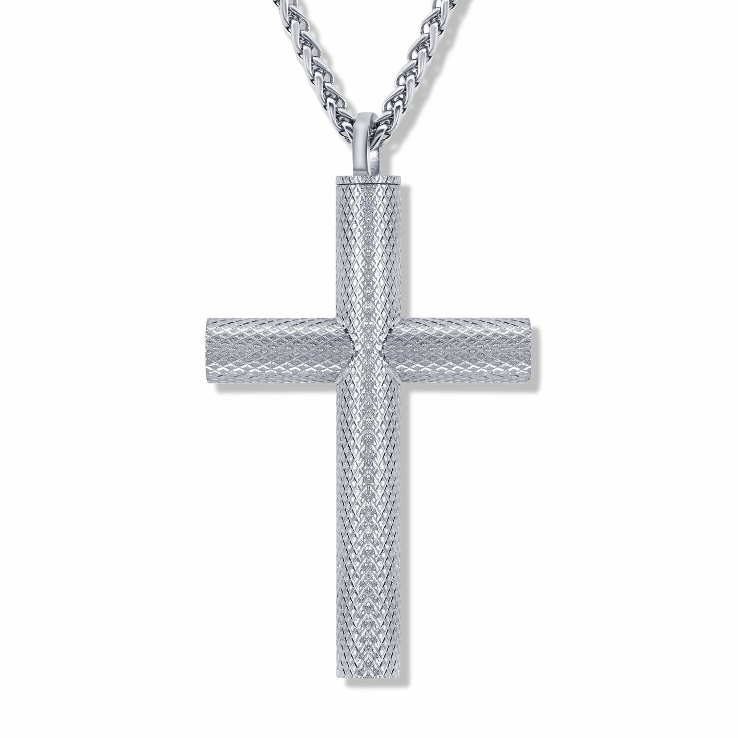 Bison Cross Silver Self-fill Pendant with 3mm Spiga Silver chain on white background