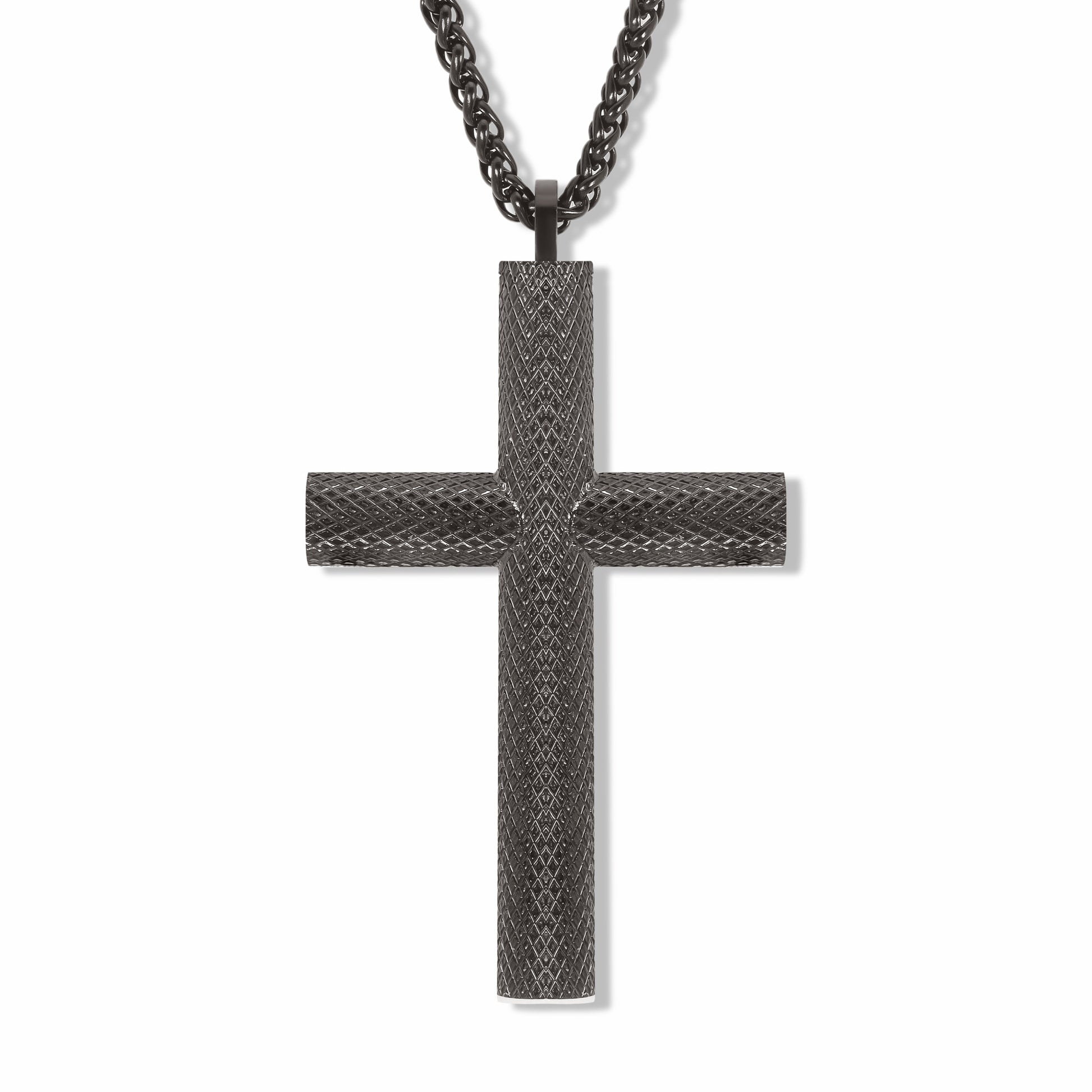 Bison Cross Gun Metal Self-fill Pendant with 3mm Spiga Gun Metal chain on white background