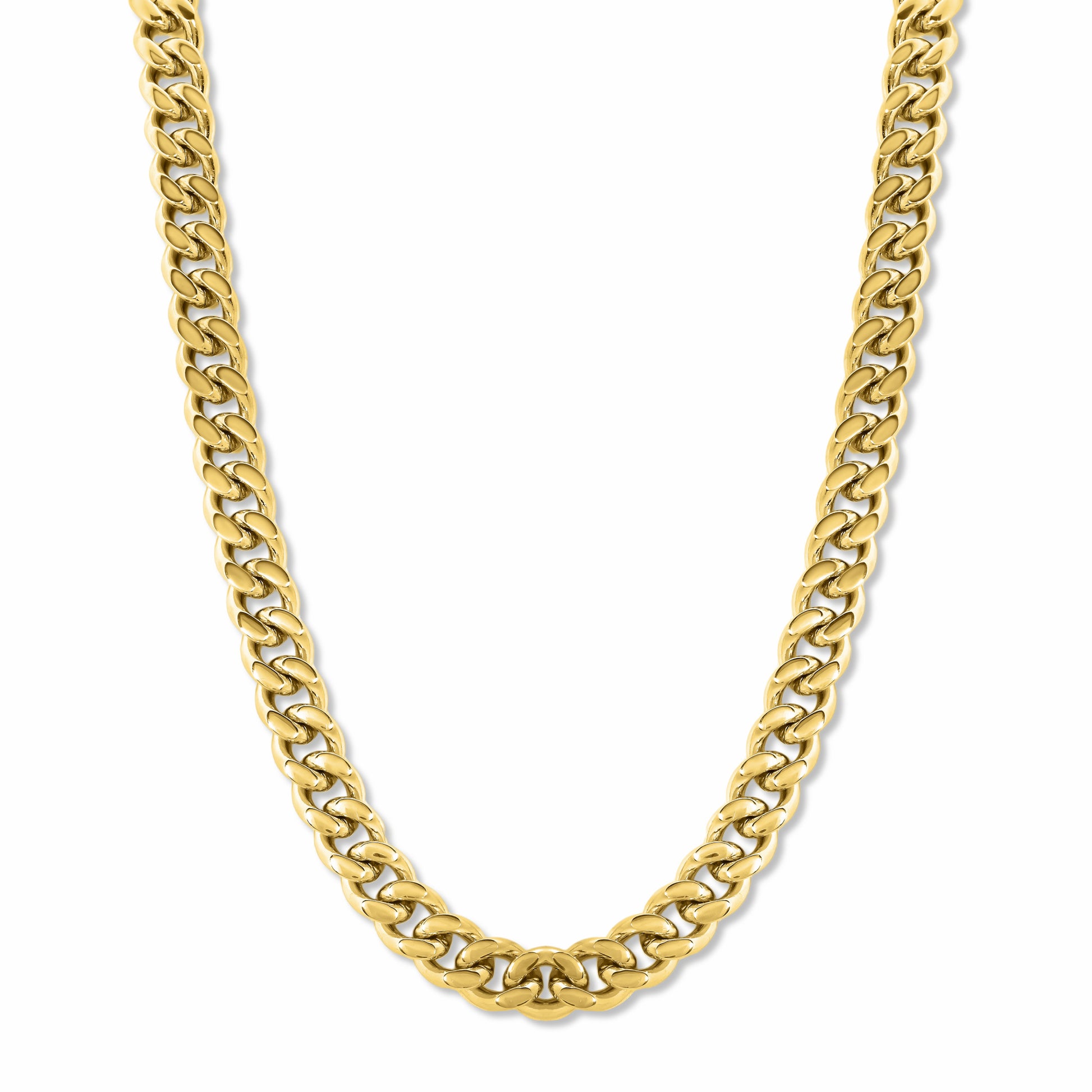 Trendy Cuban Chain Gold 8mm on white background. Statement lifetime men's jewellery.