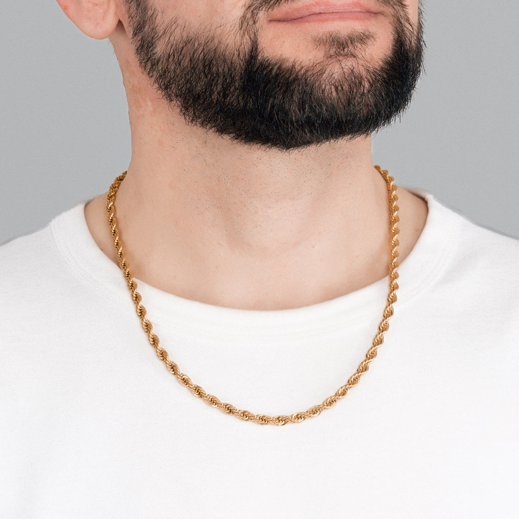 A bearded male model in white t-shirt wearing Gold Rope Chain 5 mm, 22 inches