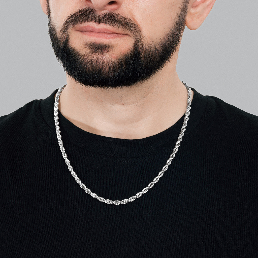 A bearded male model in black t-shirt wearing Silver Rope Chain 5 mm, 22 inches, statement, lifetime, stainless steel men's jewellery