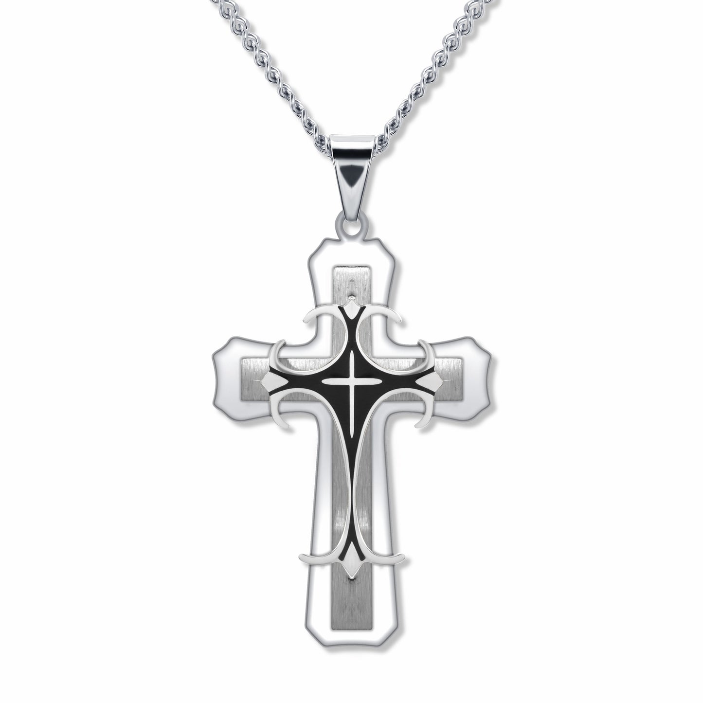 Trinity Cross Silver Pendant with 3mm Micro Cuban Silver chain on white background