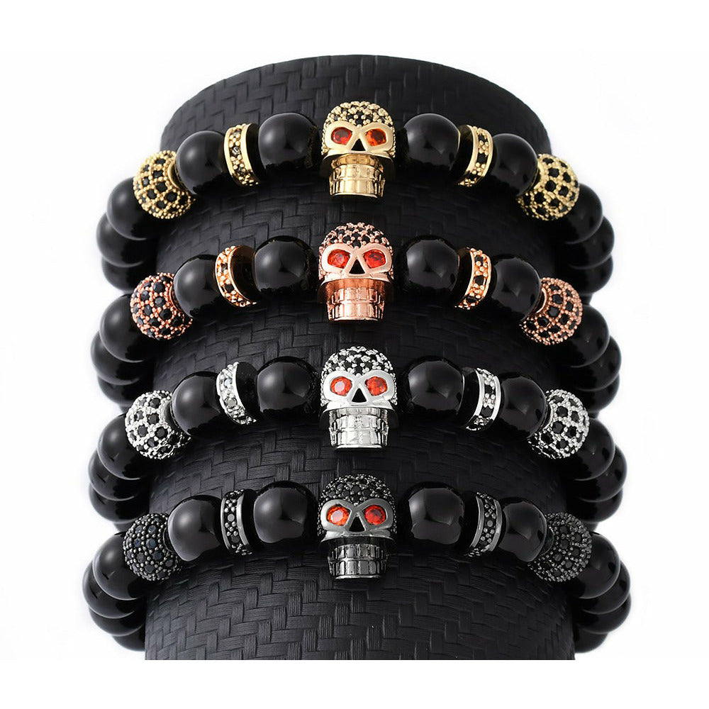 Black Agate Skull Bracelet (Gold, Rose Gold, Silver, Black)