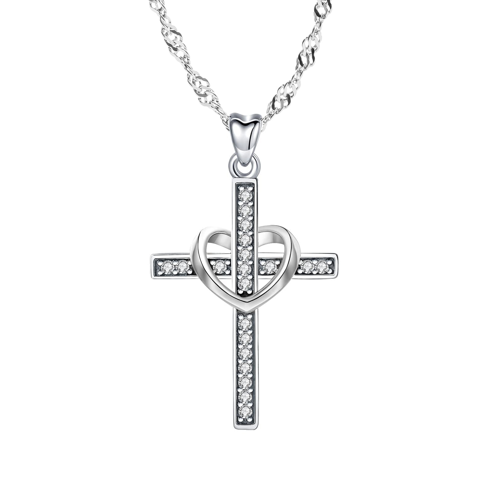Cross and Heart Crystal Pendant 925 Sterling Silver Water Wave necklace chain 18"