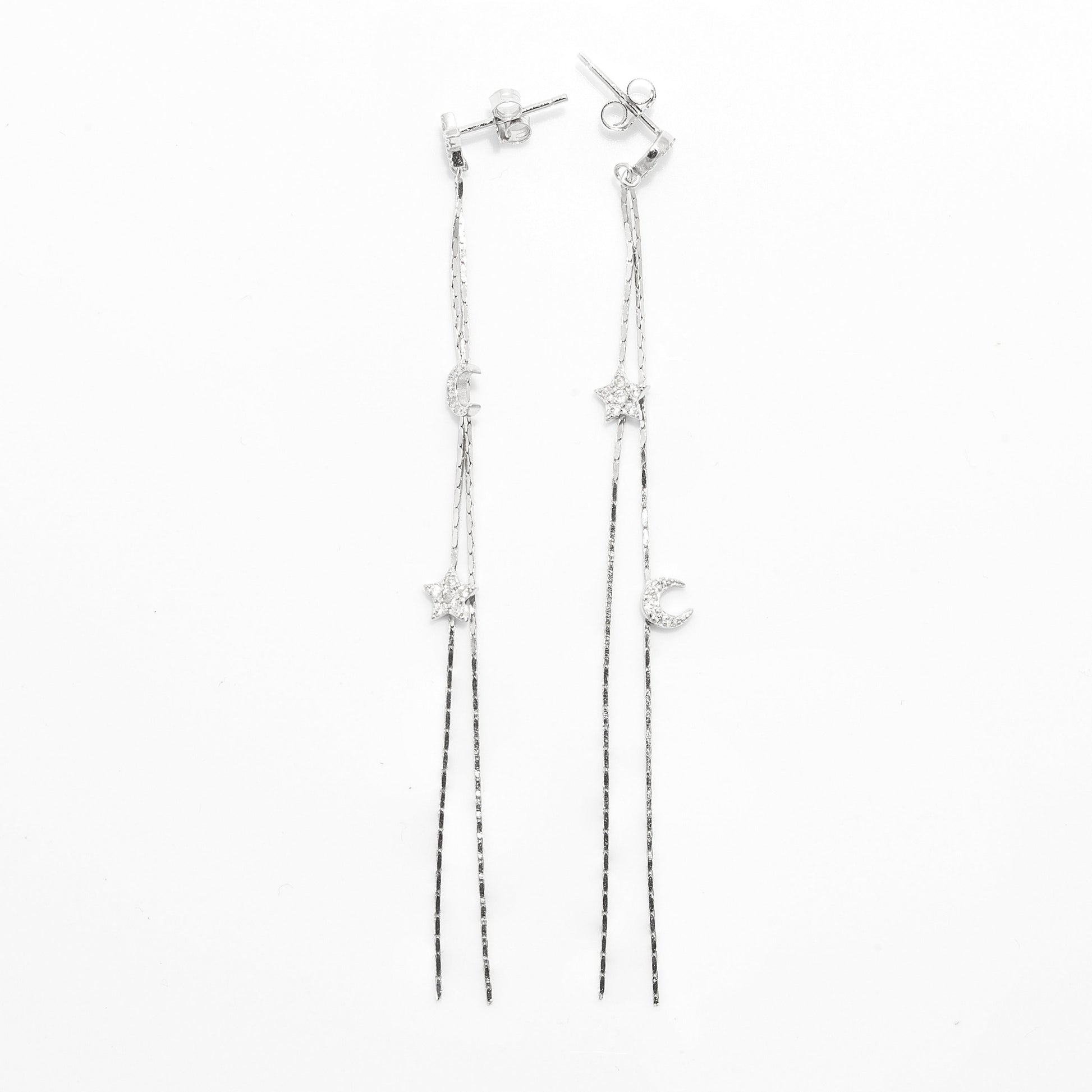 Moon and Star Silver Drop Earrings