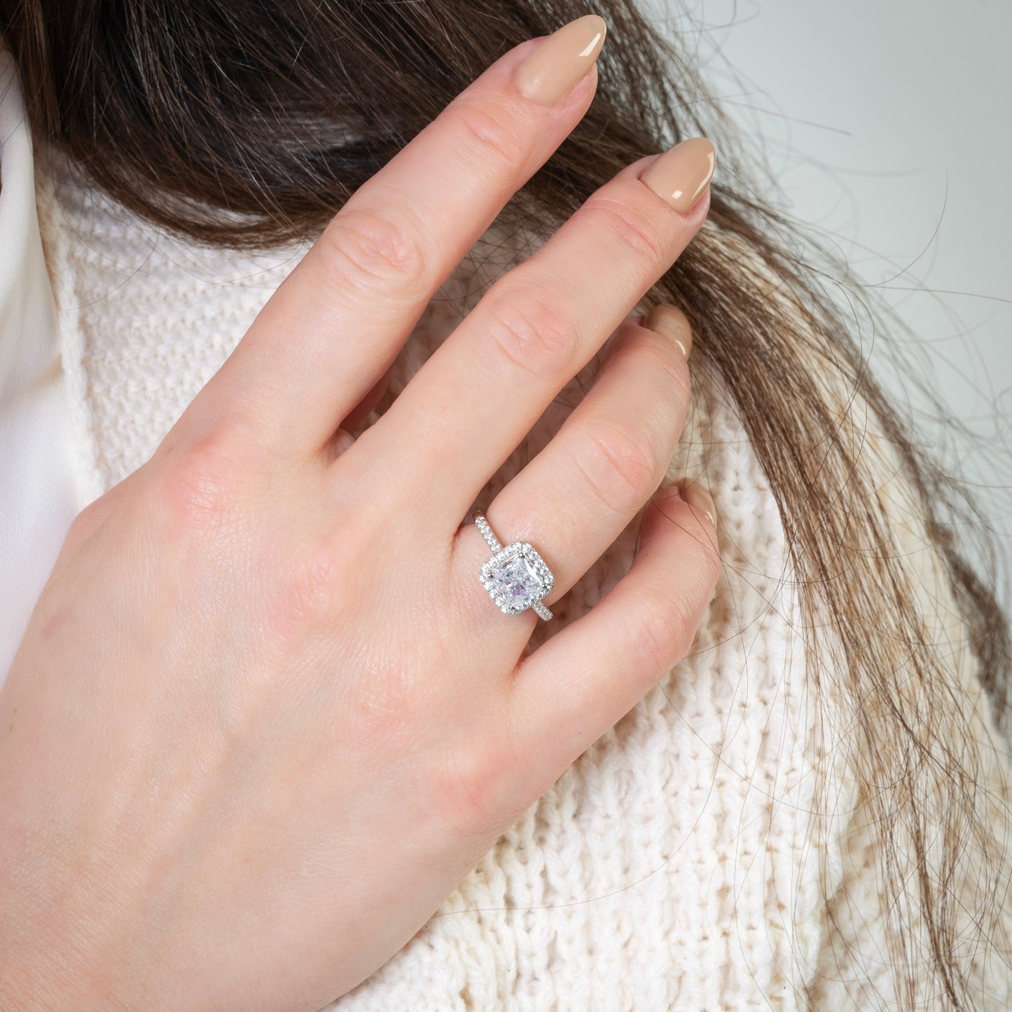 Model wearing Luxe Halo Silver Ring