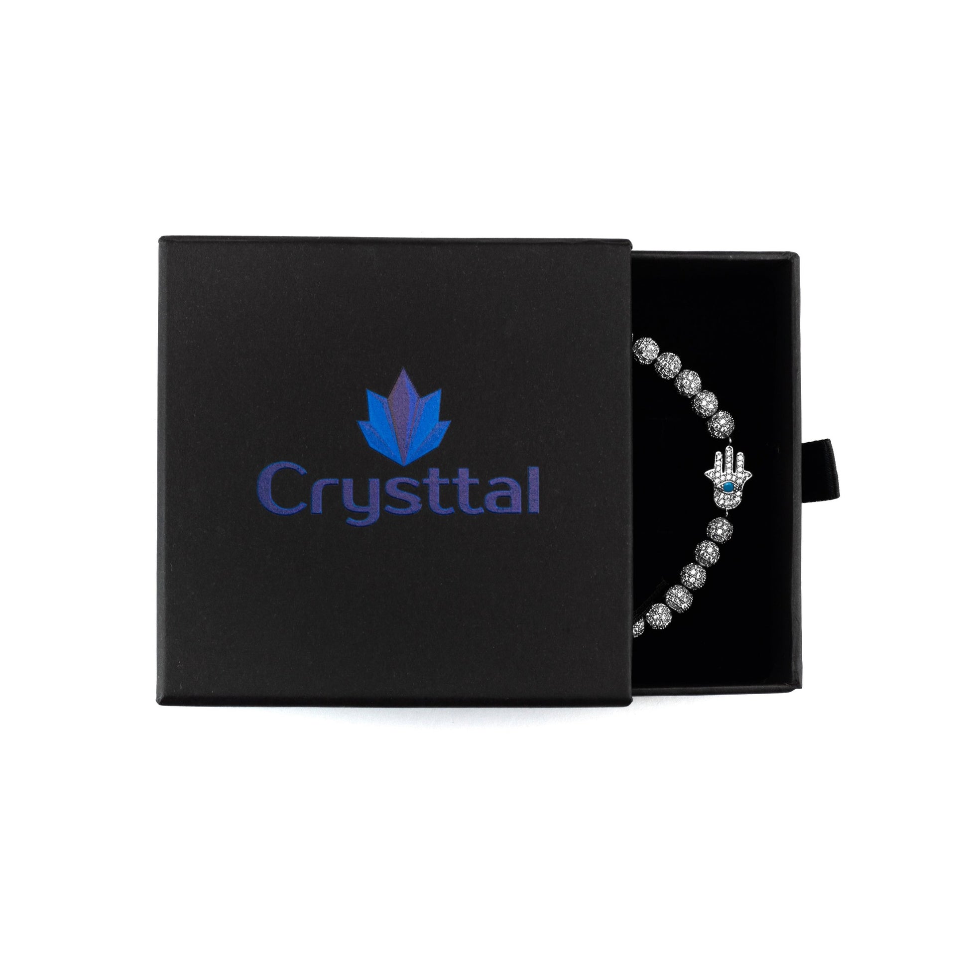 Silver Hamsa Hand Bracelet in Crysttal branded gift box