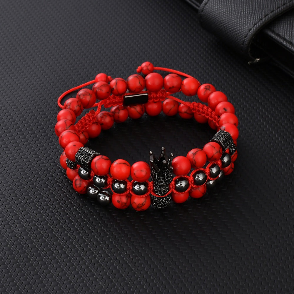 Imperial Red Turquoise Hematite Bracelet Set top view carbon fibre background