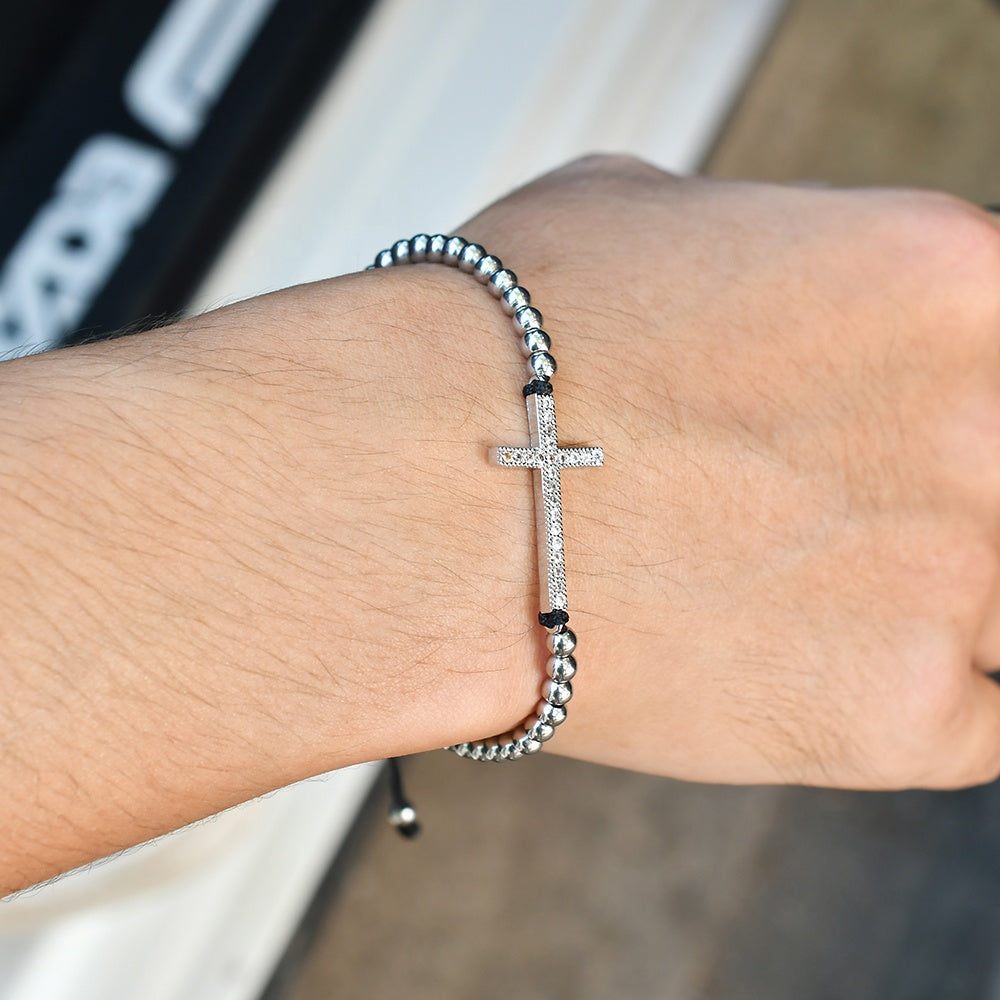 Cross Gemstone Bracelet in Silver on wrist view